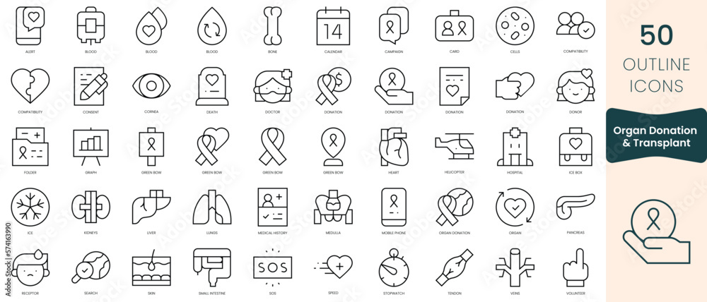Set of organ donation and transplant icons. Thin linear style icons Pack. Vector Illustration