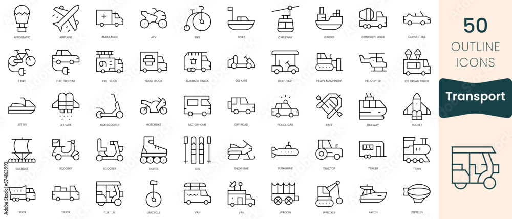 Set of transport icons. Thin linear style icons Pack. Vector Illustration