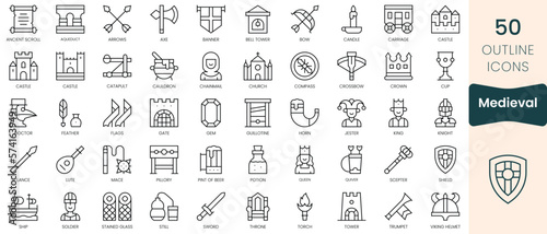 Set of medieval icons. Thin linear style icons Pack. Vector Illustration