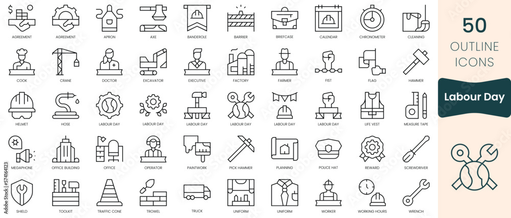 Set of labour day icons. Thin linear style icons Pack. Vector Illustration