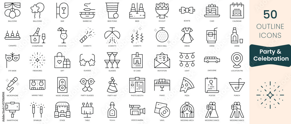 Set of party and celebration icons. Thin linear style icons Pack. Vector Illustration