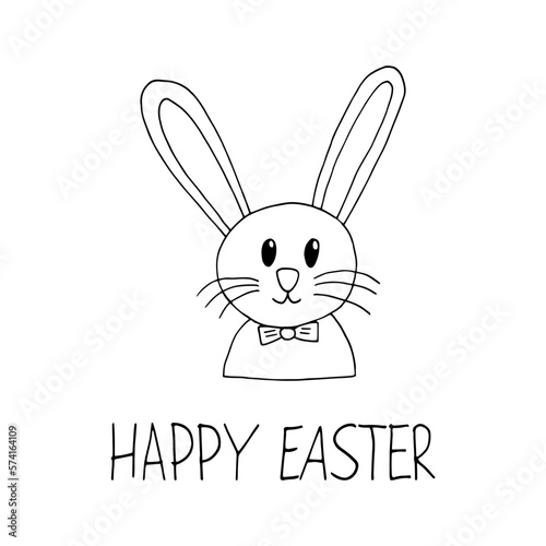 cute bunny and happy easter text hand drawn in doodle style. template card, poster