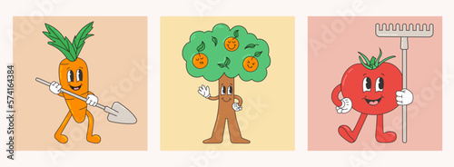 Set with garden characters, plants in trendy retro cartoon style. Tree with orange fruits with different facial expressions. Carrot with a shovel. Tomato is holding a rake.