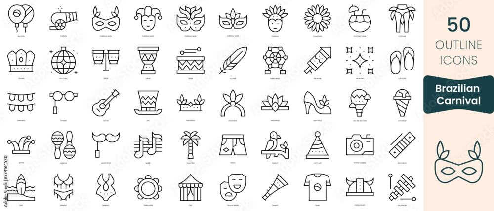 Obraz premium Set of brazilian carnival icons. Thin linear style icons Pack. Vector Illustration
