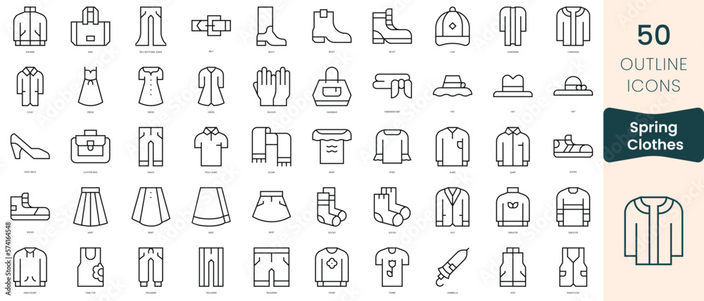 Set of spring clothes icons. Thin linear style icons Pack. Vector Illustration Set of spring clothes icons. Thin linear style icons Pack. Vector Illustration