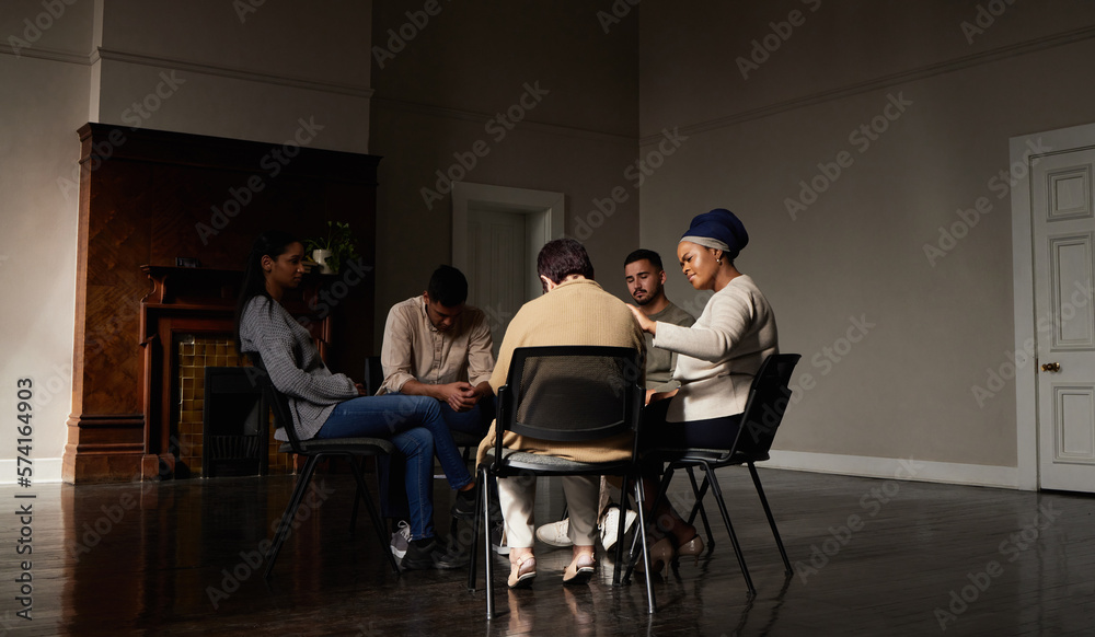 Support, group of people in therapy a community center and understanding, sharing feeling and talking in session. Mental health, addiction or depression, men and women with therapist sitting together Support, group of people in therapy a community center and understanding, sharing feeling and talking in session. Mental health, addiction or depression, men and women with therapist sitting together
