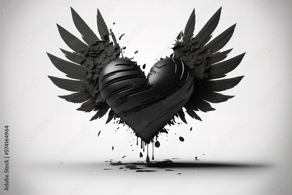 black heart with wings isolated on white. Illustration of a broken