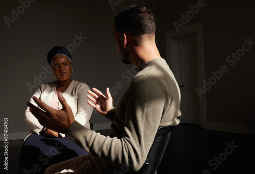 Canvas Print Support, man talking to black woman and group therapy, understanding, sharing feeling in counselling session