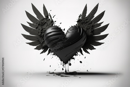 black heart with wings isolated on white. Illustration of a broken heart flying
