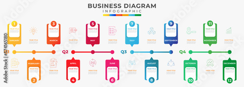 12 Months modern Timeline diagram calendar with 4 quarter topics, presentation vector infographic, Infographic template for business.