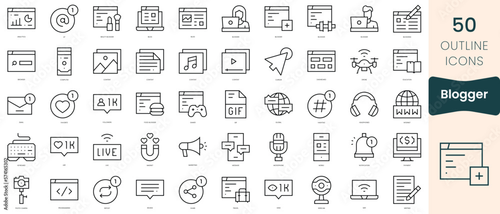 Set of blogger icons. Thin linear style icons Pack. Vector Illustration
