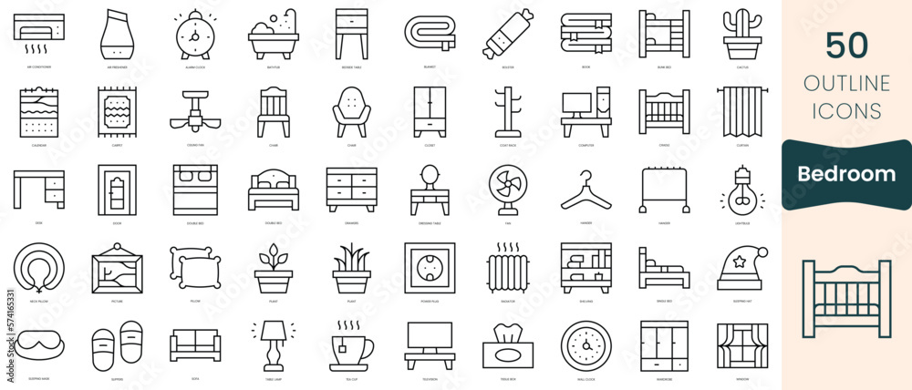 Set of bedroom icons. Thin linear style icons Pack. Vector Illustration