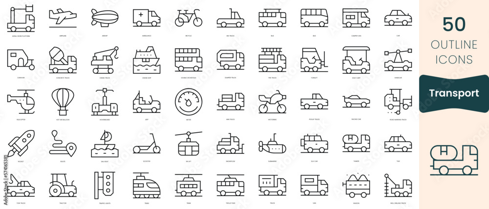 Set of transport icons. Thin linear style icons Pack. Vector Illustration