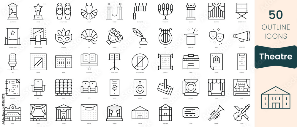 Set of theatre icons. Thin linear style icons Pack. Vector Illustration