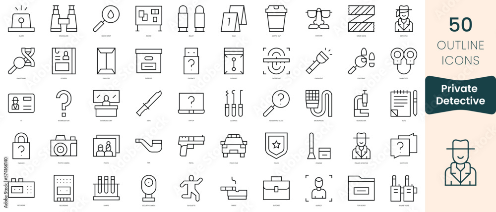 Set of private detective icons. Thin linear style icons Pack. Vector Illustration Set of private detective icons. Thin linear style icons Pack. Vector Illustration