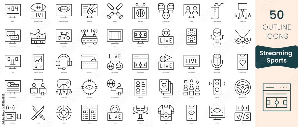 Set of streaming sports icons. Thin linear style icons Pack. Vector Illustration