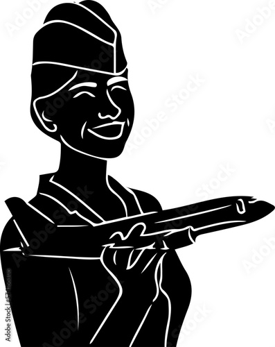 Silhouette of air hostess holding airplane, sketch drawing illustration for air hostess holding plane in her hand