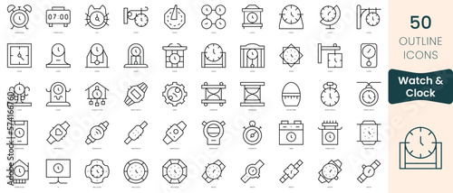 Set of watch and clock icons. Thin linear style icons Pack. Vector Illustration