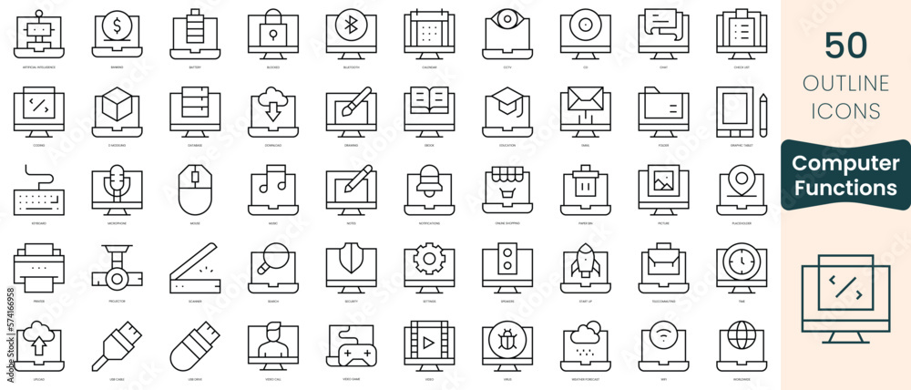 Set of computer functions icons. Thin linear style icons Pack. Vector Illustration Set of computer functions icons. Thin linear style icons Pack. Vector Illustration