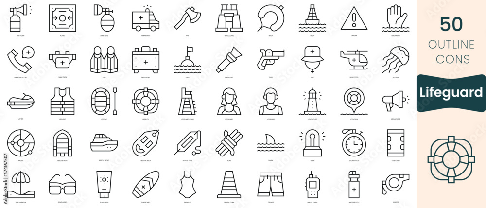 Set of lifeguard icons. Thin linear style icons Pack. Vector Illustration