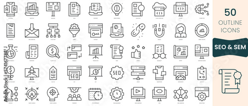 Set of seo and sem icons. Thin linear style icons Pack. Vector Illustration