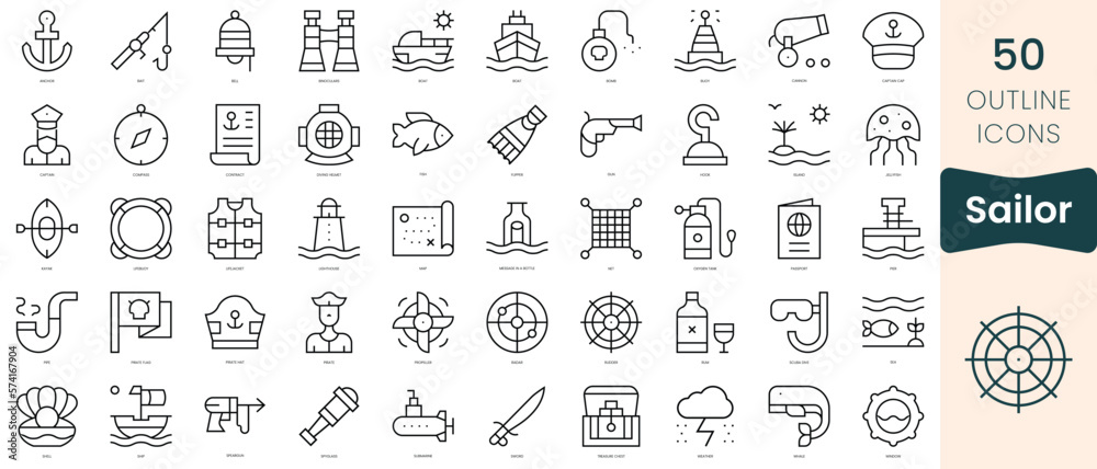 Set of sailor icons. Thin linear style icons Pack. Vector Illustration