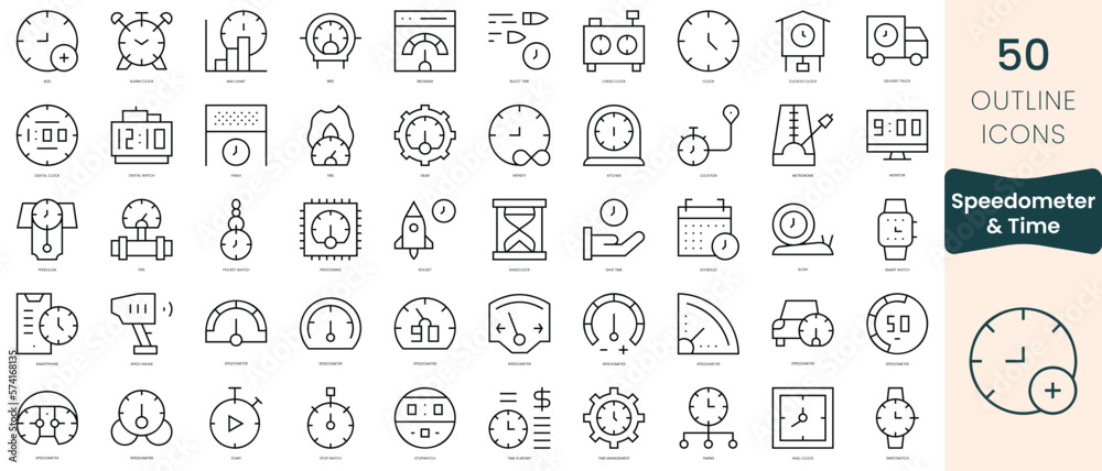 Set of speedometer and time icons. Thin linear style icons Pack. Vector Illustration Set of speedometer and time icons. Thin linear style icons Pack. Vector Illustration