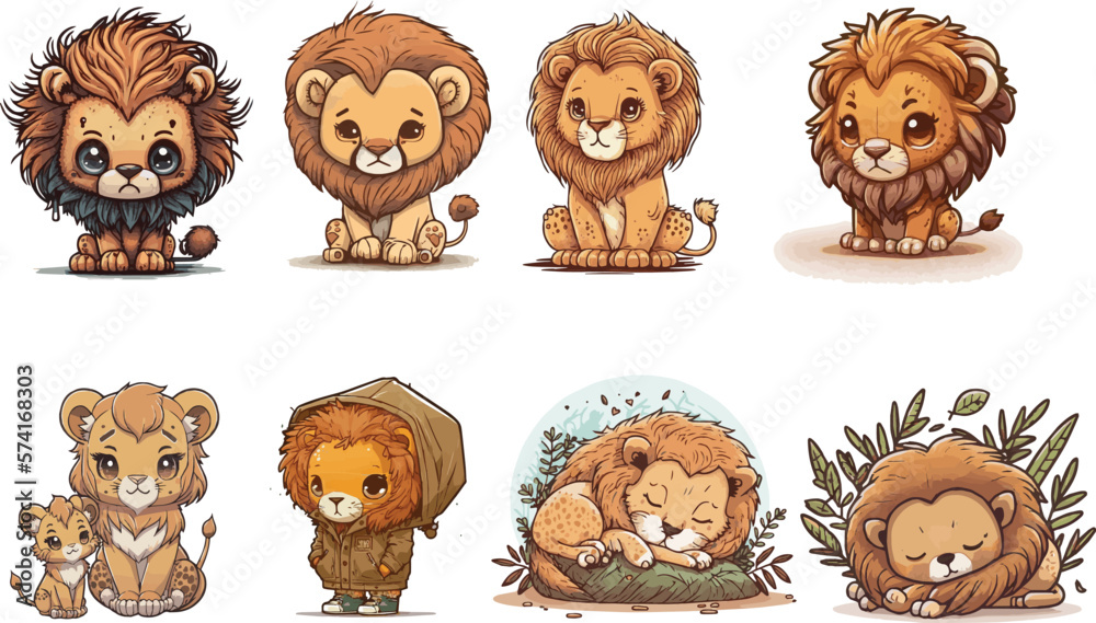 Fototapeta premium Vector collections of kawaii and cute lions. Bundle of lions