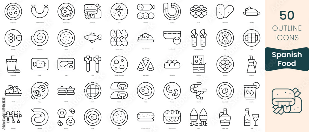 Set of spanish food icons. Thin linear style icons Pack. Vector Illustration