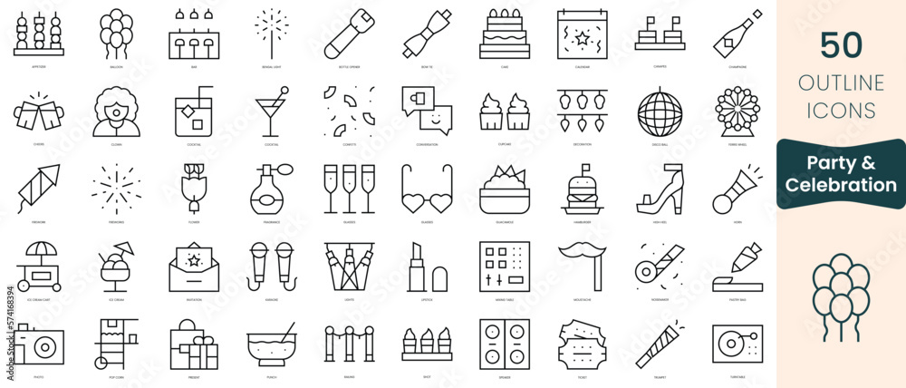 Set of party and celebration icons. Thin linear style icons Pack. Vector Illustration