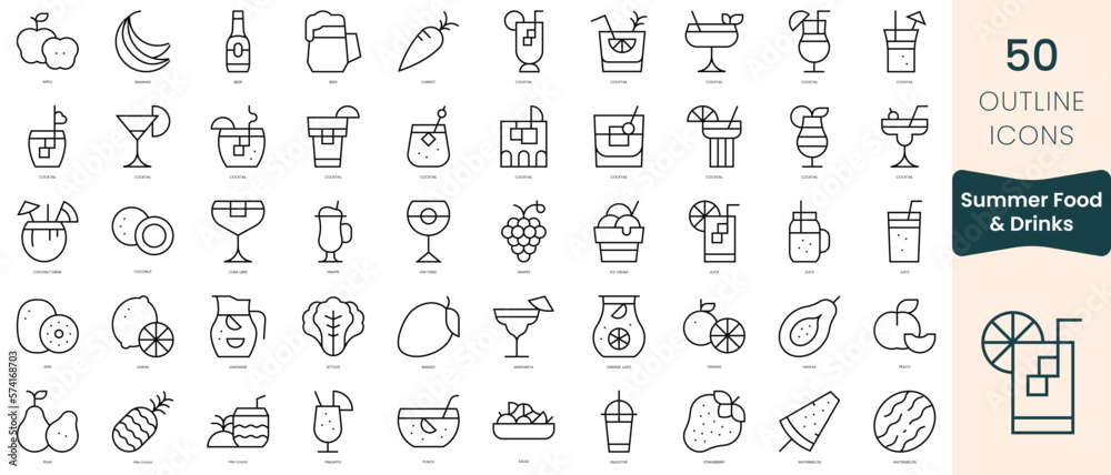 Set of summer food and drinks icons. Thin linear style icons Pack ...