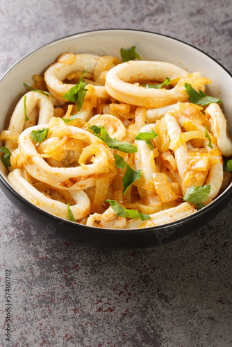 Calamares encebollados is a traditional Spanish dish made with a squid, onions, garlic, olive oil, white wine closeup on the plate on the table. Vertical