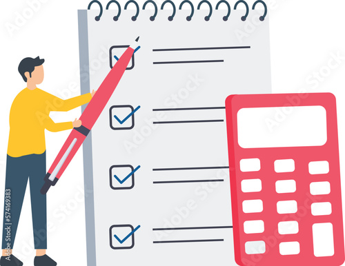 Budget Estimate, Project cost estimation, calculate budget to finish work, financial plan, invoice or tax concept, expense or loan illustration, man holding pencil with calculator estimate cost of pro