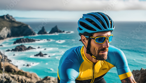 Cyclist with helmet and blue and yellow jerseys. Background of the coast and the sea. generate by ai