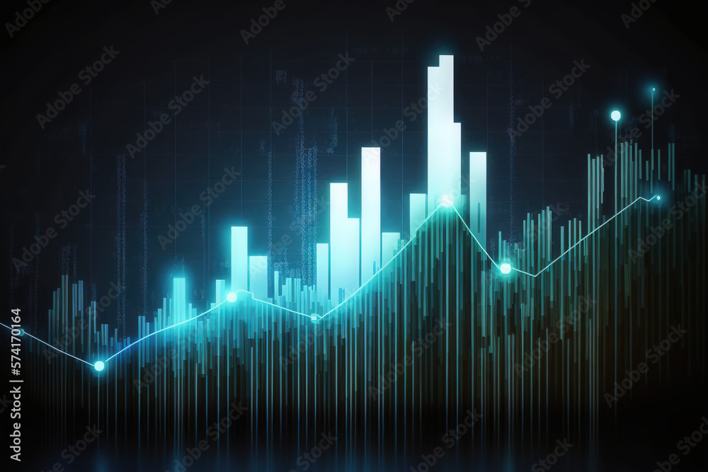 Business and finance background concept. Financial statistics, stock market candlesticks, and bar chart with uptrend arrow. Generate by AI