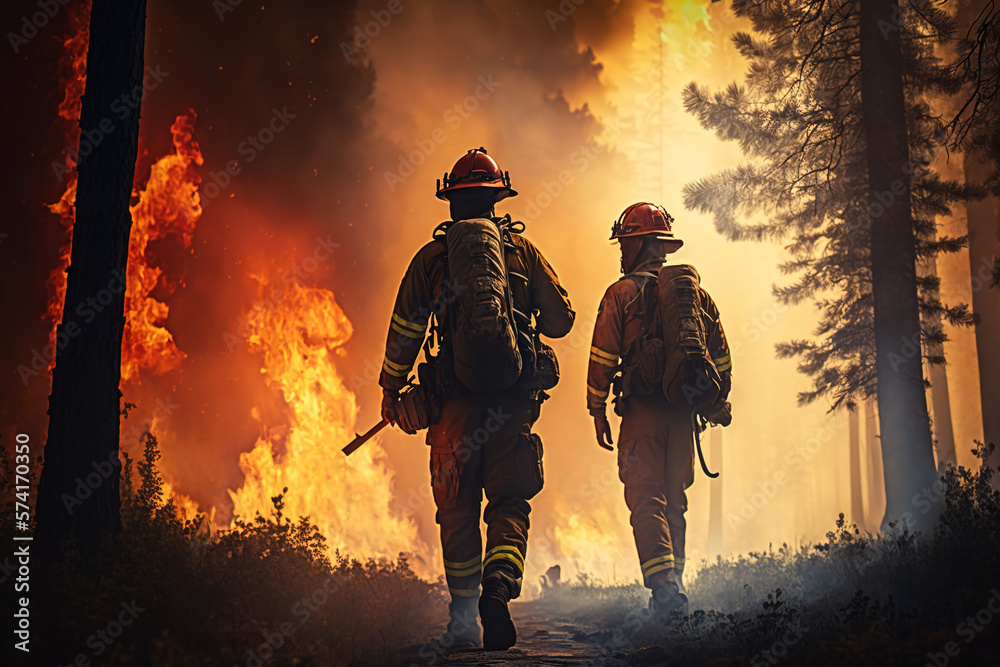 Firefighters walking towards the fire in the forest. Generate by ai Firefighters walking towards the fire in the forest. Generate by ai