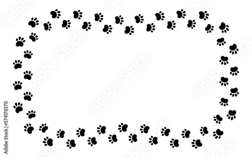 Dog paw print rectangle frame. Cute cat pawprint frame. Pet foot trail border. Black dog step silhouette. Simple doodle drawing. Vector illustration isolated on white background.