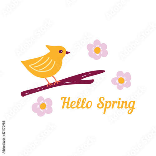 Cute yellow bird is sitting on branch with chamomile, daisies. Text hello spring. Colorful vector isolated illustration in doodle hand drawn. Print or card