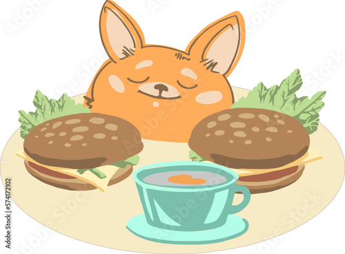 Illustration of a Cute Fox Eating a Burger and a Cup of Tea