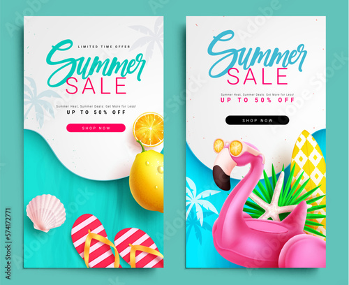 Summer sale vector poster set design. Summer sale text up to 50% off promo discount limited offer. Vector illustration summer banner advertisement background.
