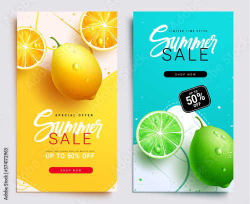 Summer sale poster vector set design. Summer sale text up to 50% off holiday discount with tropical lemon and lime fruit. Vector illustration summer banner promo collection.
