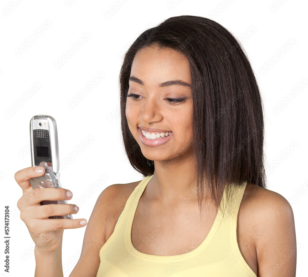 Young cute woman with phone isolated on white background Young cute woman with phone isolated on white background