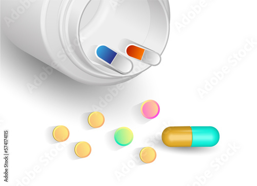 A bottle of pills on the table. 3d, vector image, banner.