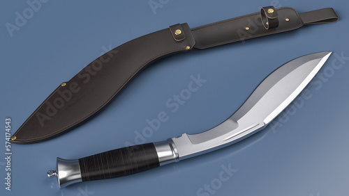 Fotografía Kukri knife and leather scabbard lying on a grey plane