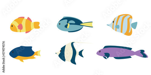Set of different fish in flat style. Beautiful underwater inhabitants. photo