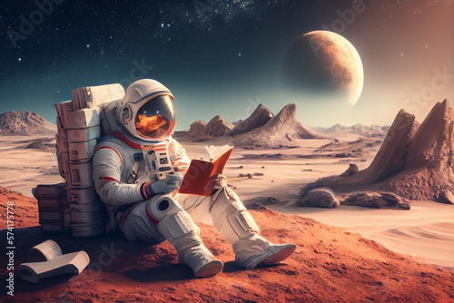 Astronaut is sitting and reading book on the moon. Generative AI, Generative, AI