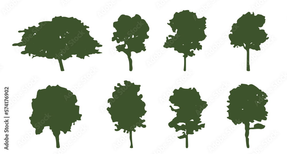 set silhouette tree isolated on white background with clipping path