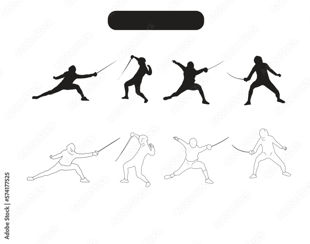 Fencing Game Players Silhouette and Line Icons Vector Illustration