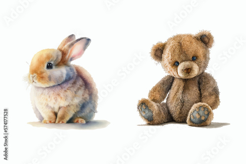 Set Teddy bear and bunny in 3d style. Isolated vector illustration