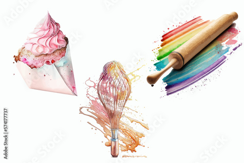 Kitchen set of pink pastry bag, wooden rolling pin and whisk in 3d style. Isolated vector illustration